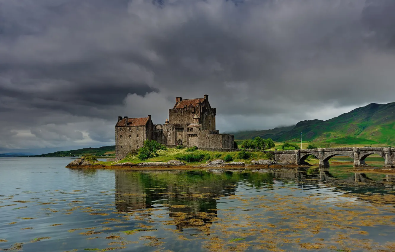 Photo wallpaper greens, summer, the sky, mountains, clouds, bridge, lake, reflection