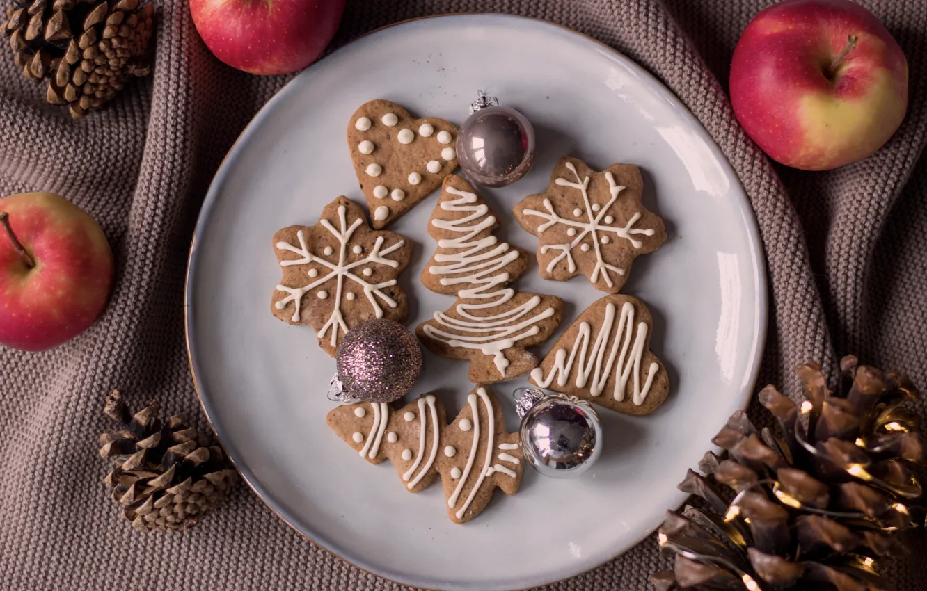 Photo wallpaper balls, snowflakes, holiday, apples, cookies, plate, Christmas, hearts