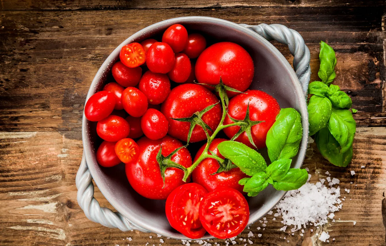 Photo wallpaper greens, drops, Board, food, pan, tomatoes, tomatoes, fresh