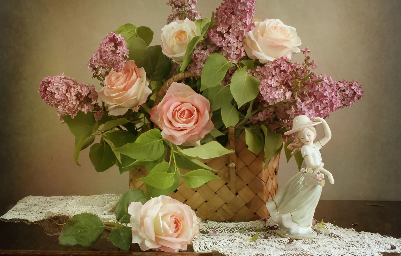 Photo wallpaper flower, girl, flowers, basket, rose, roses, figurine, lilac