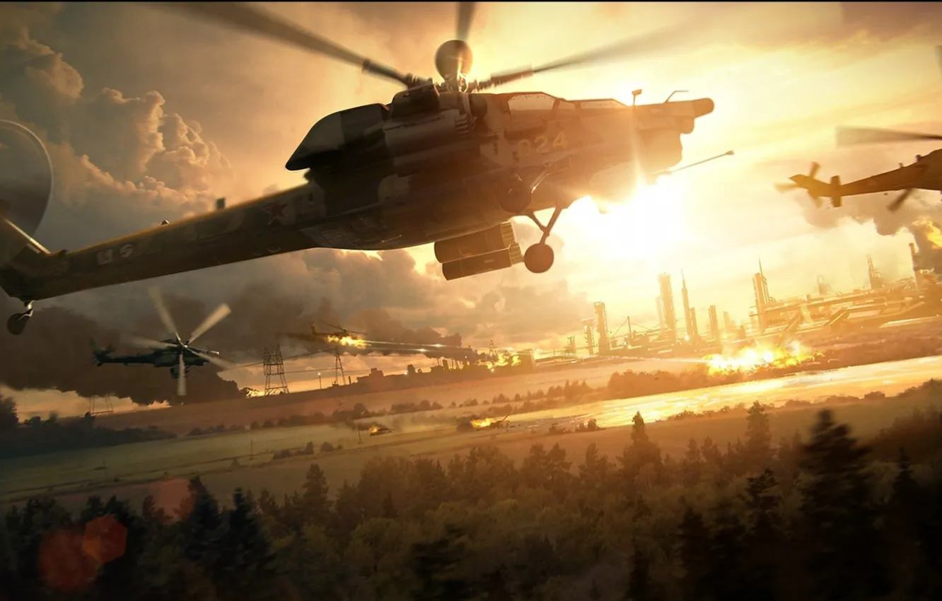 Photo wallpaper field, forest, the city, lake, smoke, helicopter