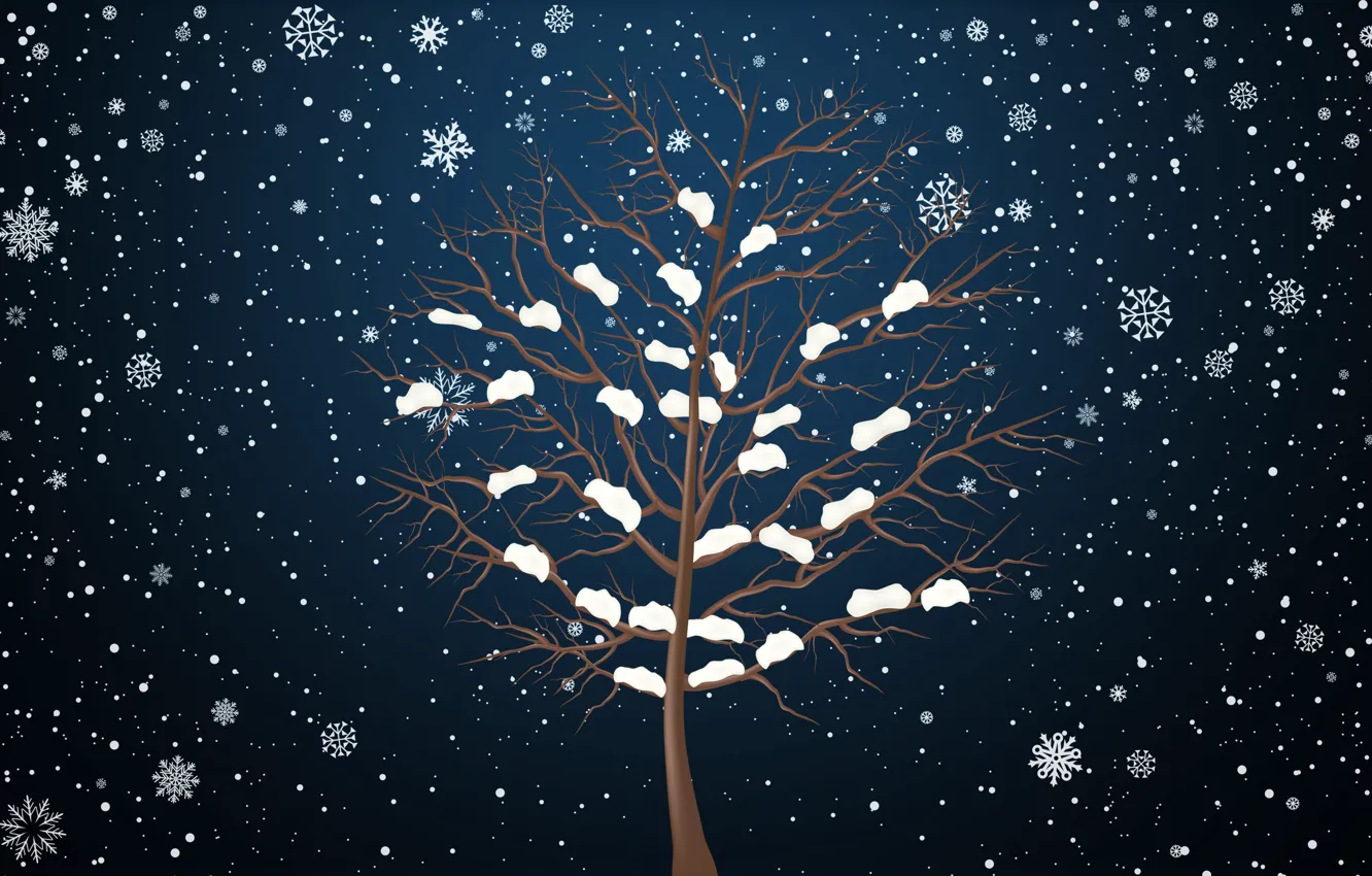 Photo wallpaper Winter, Minimalism, Tree, Snow, Snowflakes, Background
