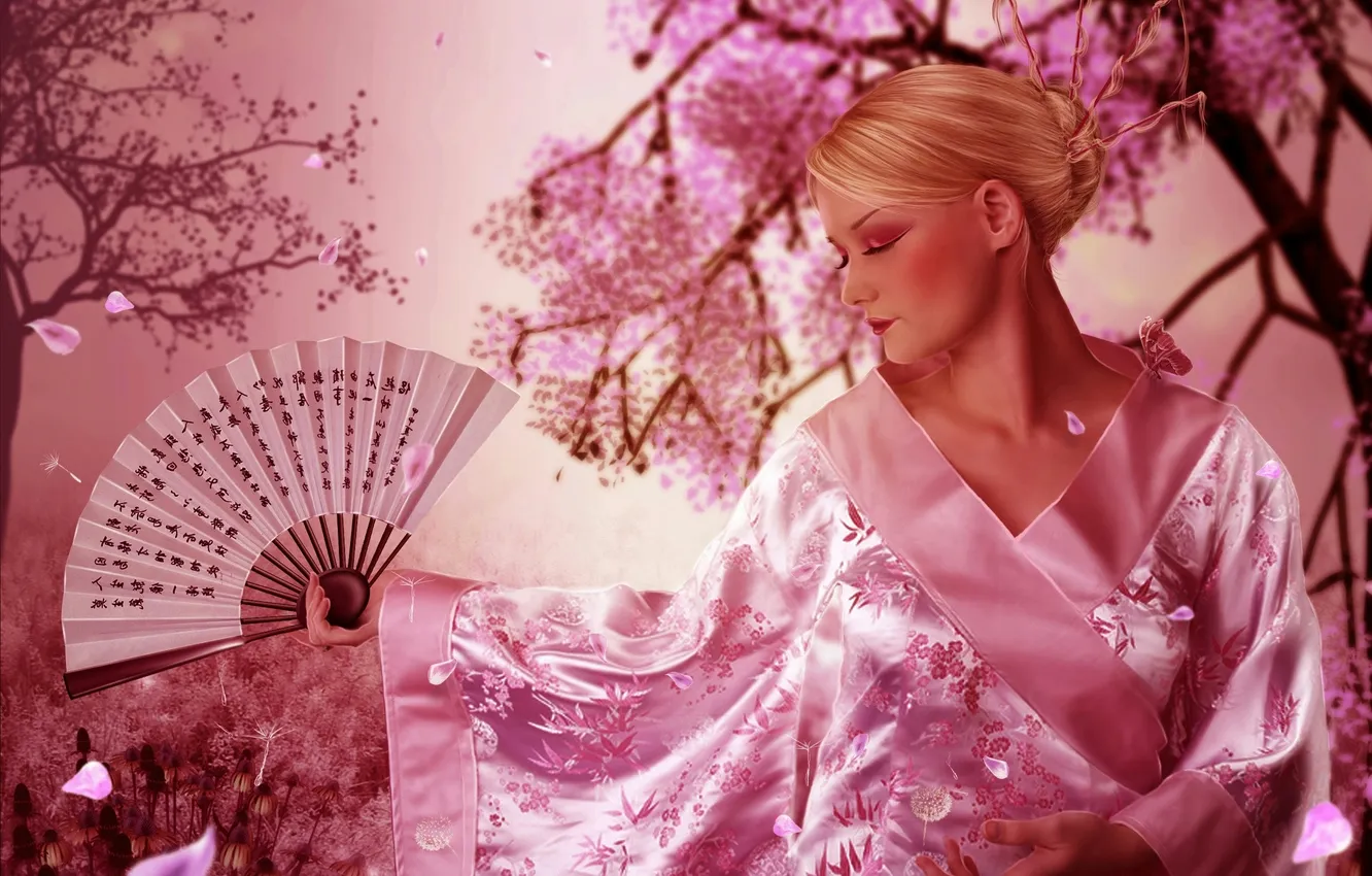 Photo wallpaper girl, butterfly, petals, Sakura, fan, art, characters, profile
