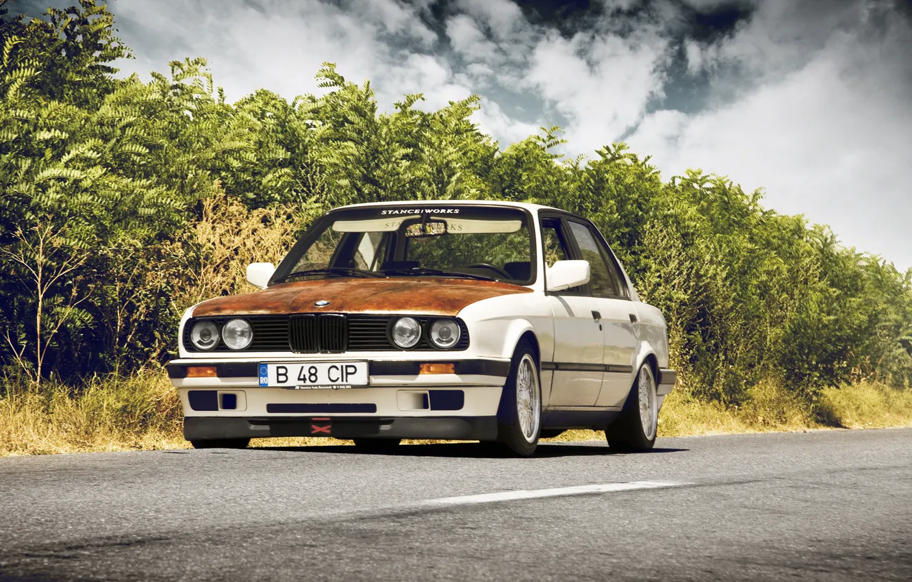 Photo wallpaper road, white, BMW, BMW, bbs, E30, stance