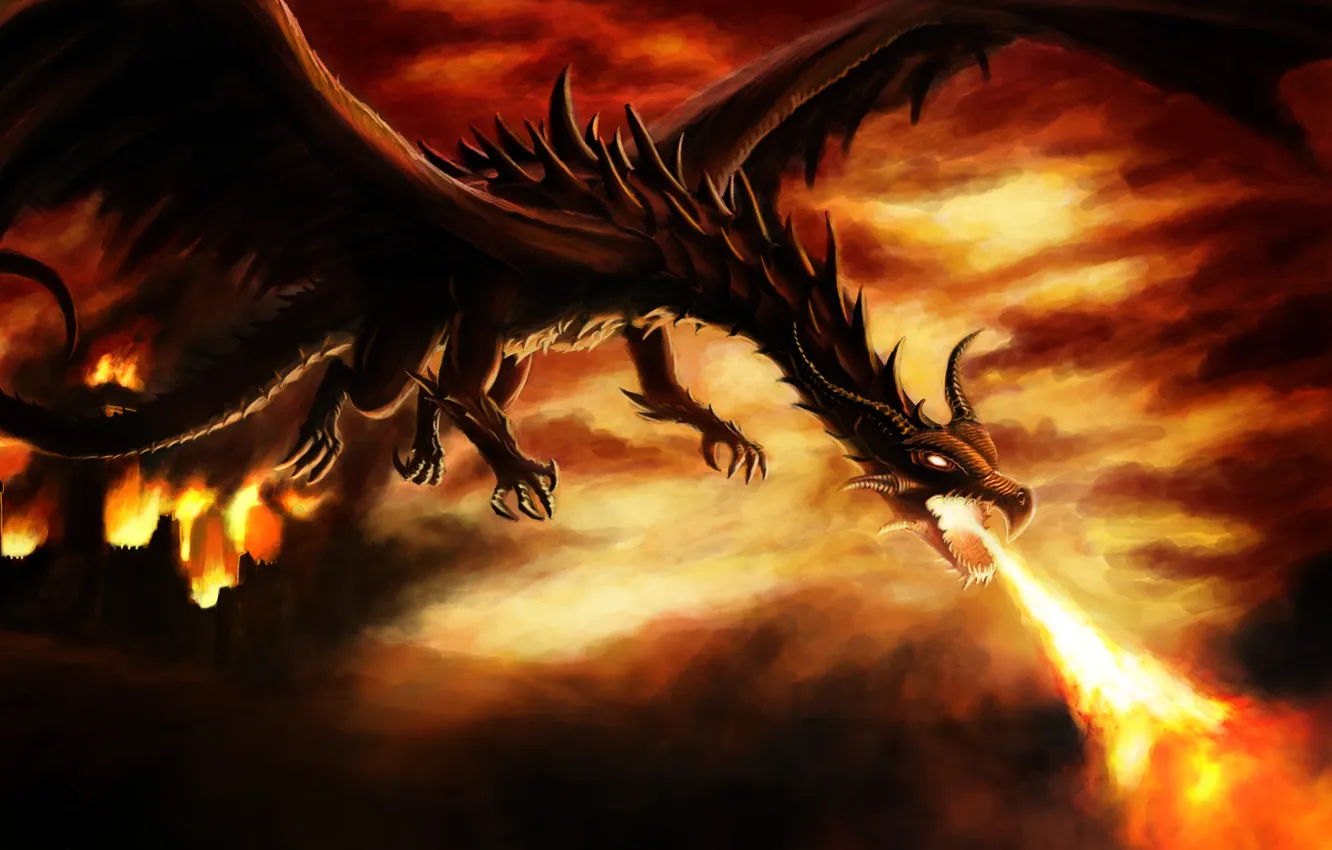 Photo wallpaper castle, flame, dragon, spikes, claws
