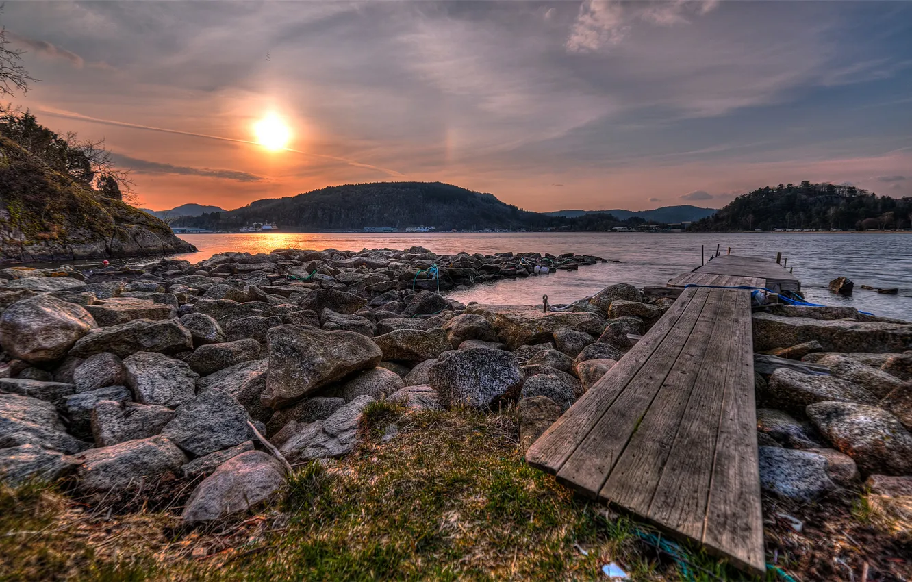 Photo wallpaper water, sunset, lake, stones, hills, Board, Marina, pier