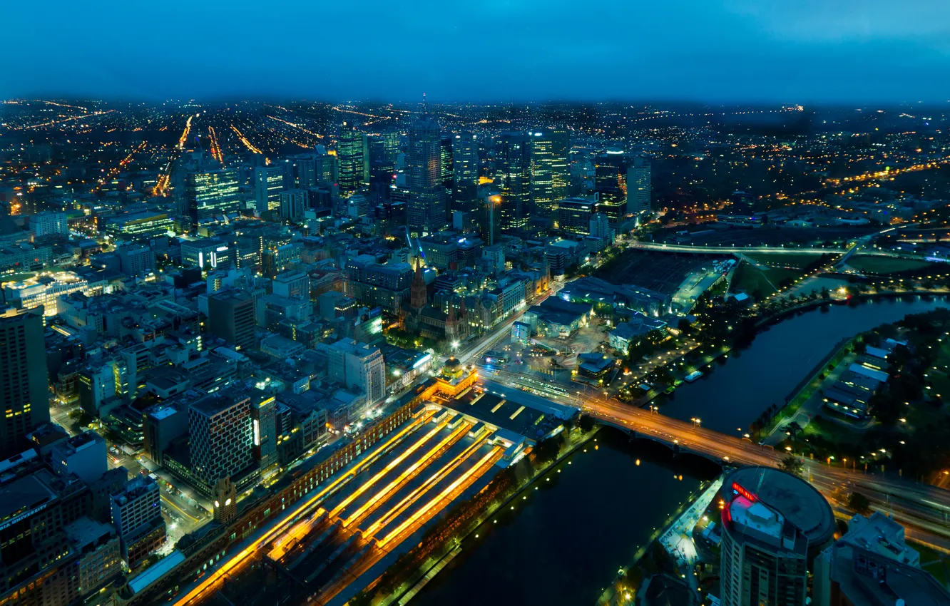 Photo wallpaper night, bridge, lights, river, street, panorama, Cathedral, Melbourne