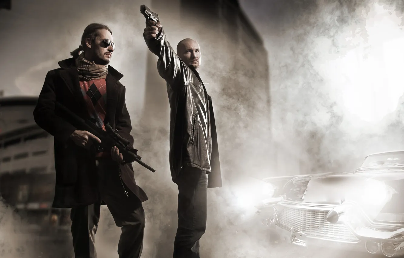 Photo wallpaper retro, gun, street, smoke, the bandits