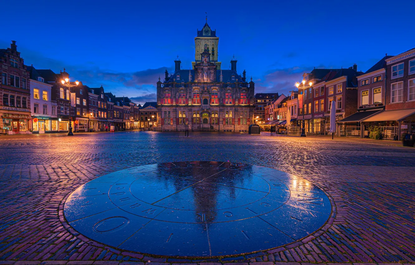 Photo wallpaper building, home, area, Netherlands, night city, town hall, Netherlands, Delft