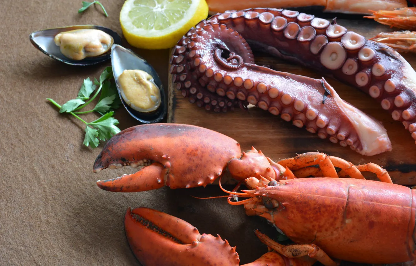 Photo wallpaper lemon, Board, food, octopus, tentacles, parsley, seafood, mussels