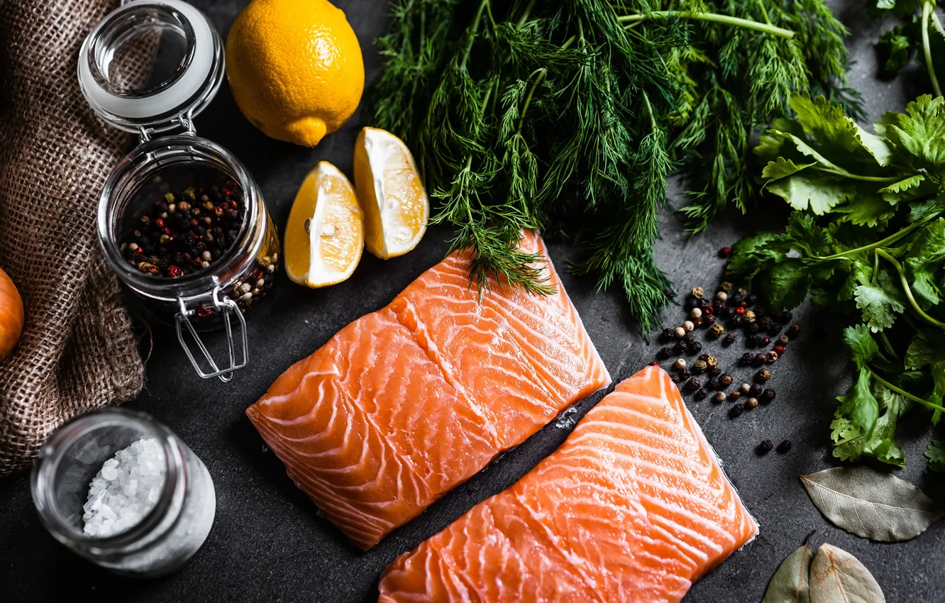 Photo wallpaper greens, lemon, fish, fish, spices, salmon