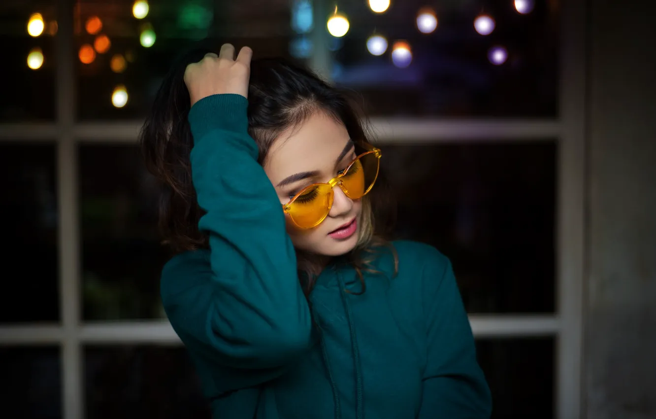 Photo wallpaper night, lights, pose, model, makeup, brunette, window, glasses