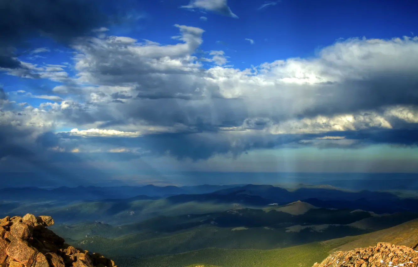 Photo wallpaper the sky, clouds, rays, landscape, mountains