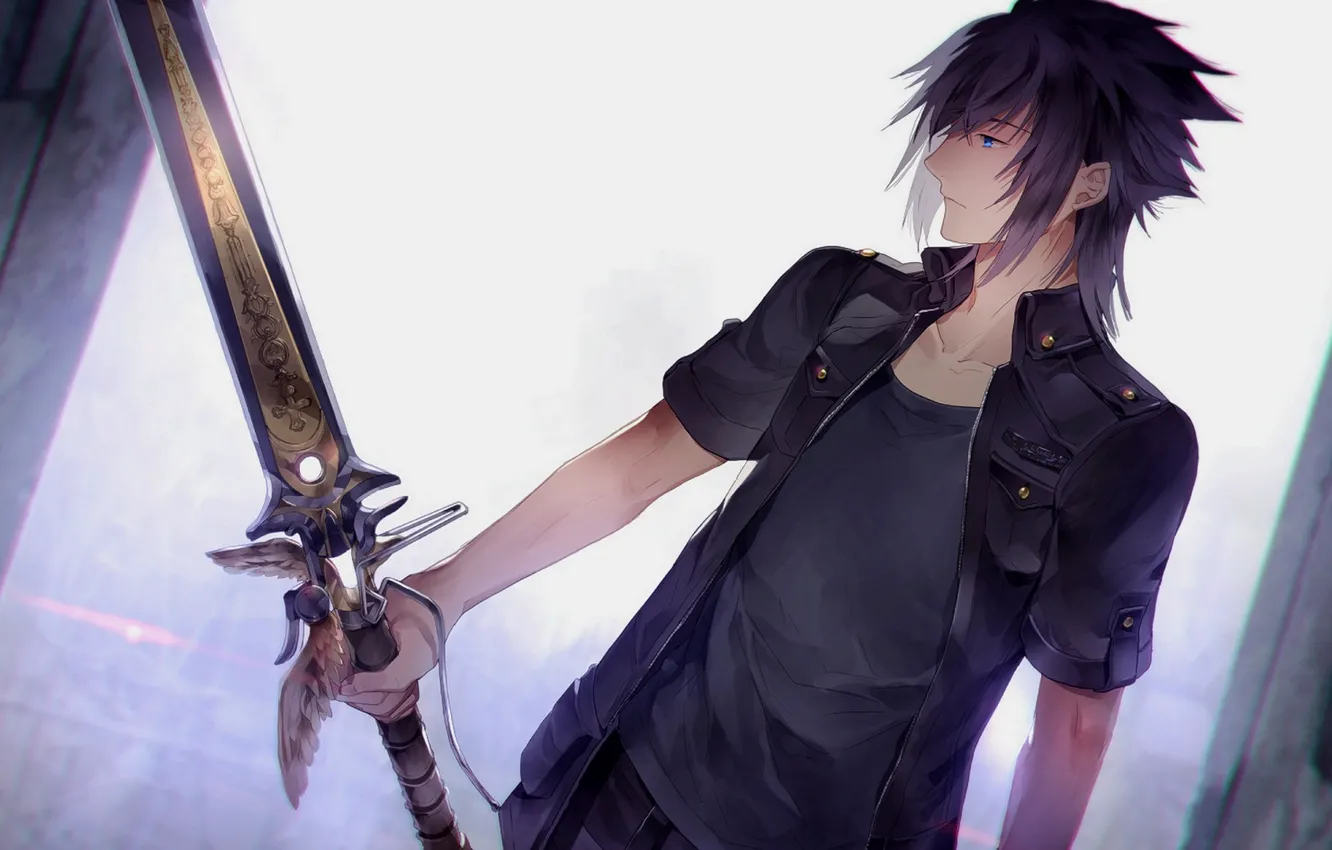 Photo wallpaper sword, art, guy, Sunakumo, Final Fantasy XV, Night Light Sky, Noctis