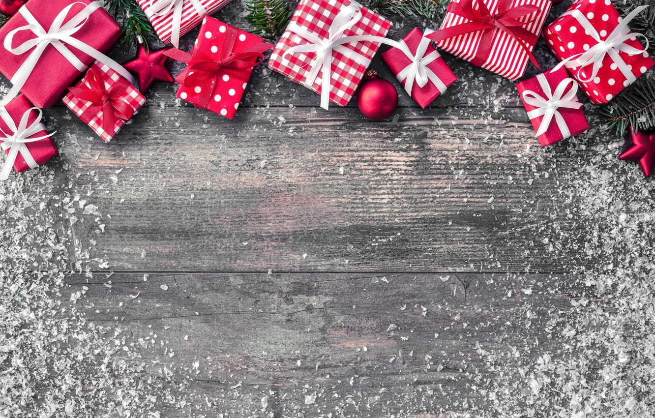 Photo wallpaper snow, holiday, gift, balls, Board, gifts, New year, stars