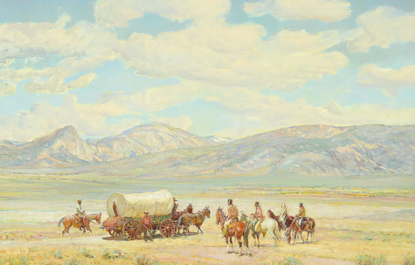 Photo wallpaper mountains, horse, the Indians, carts, wild West, Oscar Edmund Berninghaus, Homesteaders on Indian Land