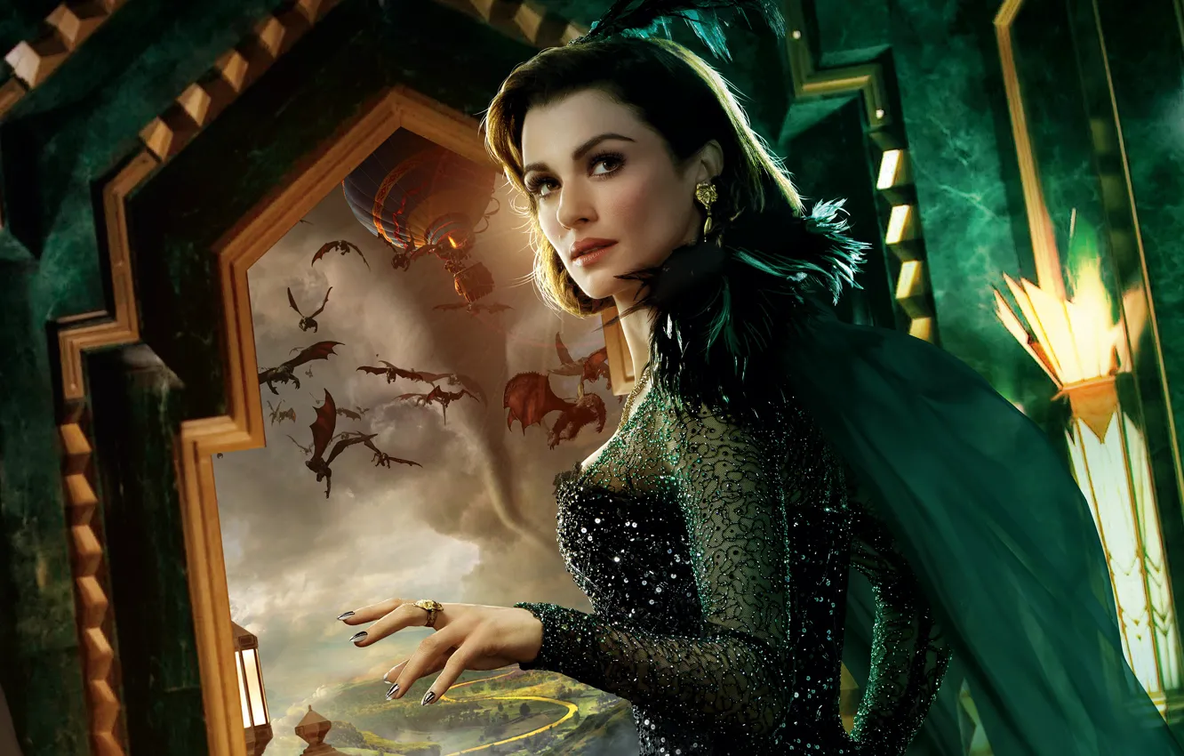 Photo wallpaper balloon, monster, feathers, brunette, window, fantasy, tornado, outfit