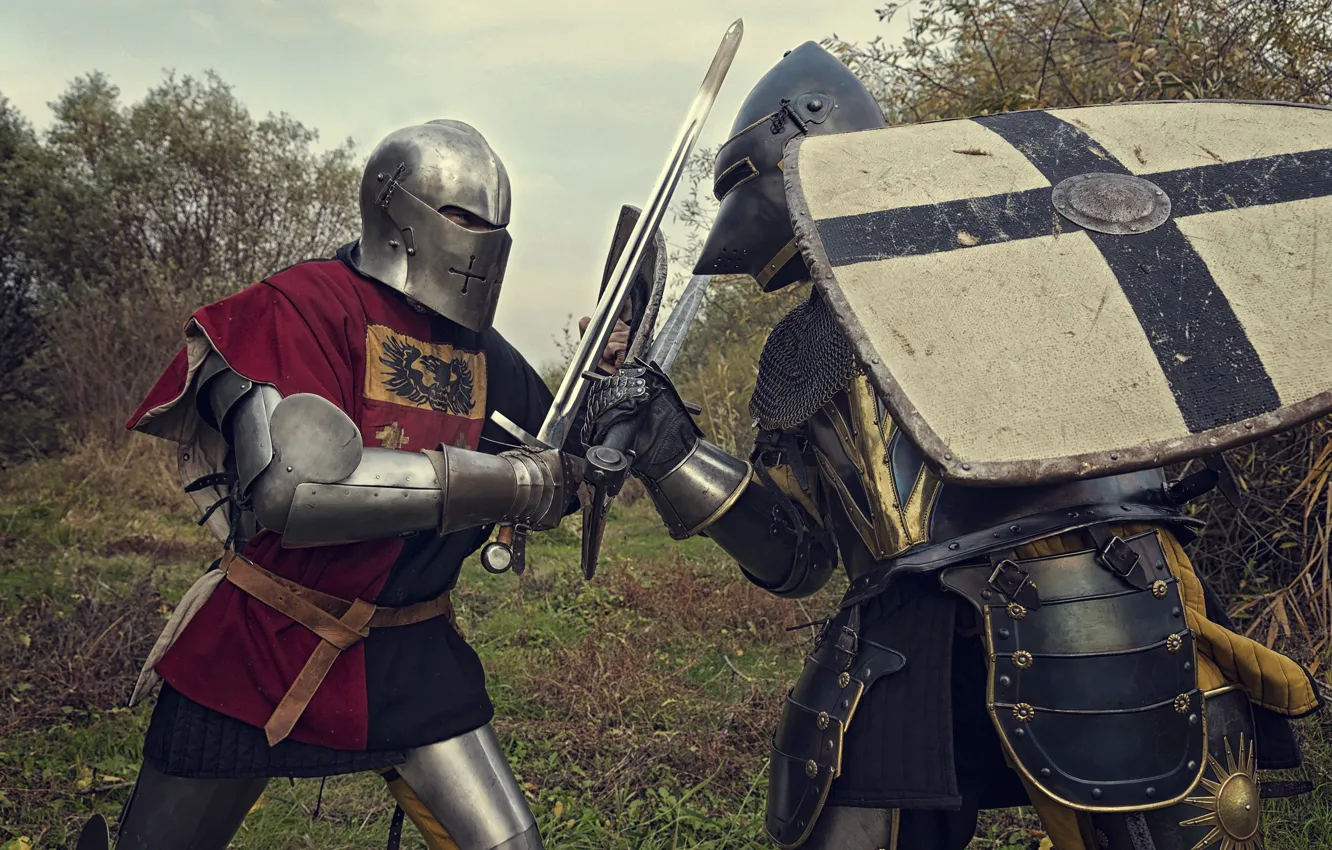 Photo wallpaper metal, armor, swords, knights, the fight, hats