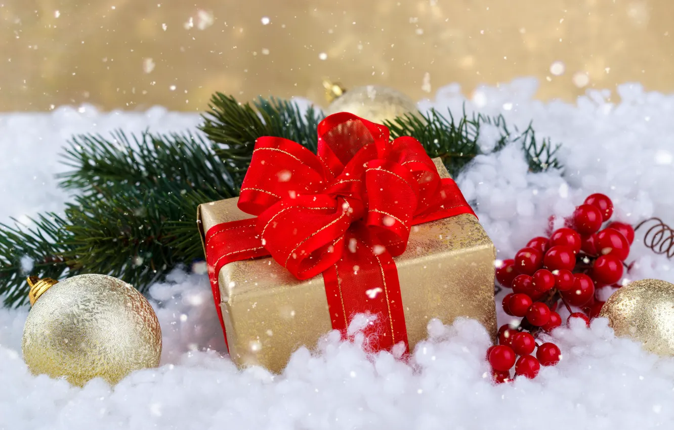 Photo wallpaper snow, gift, balls, new year, Christmas, Christmas, balls, snow