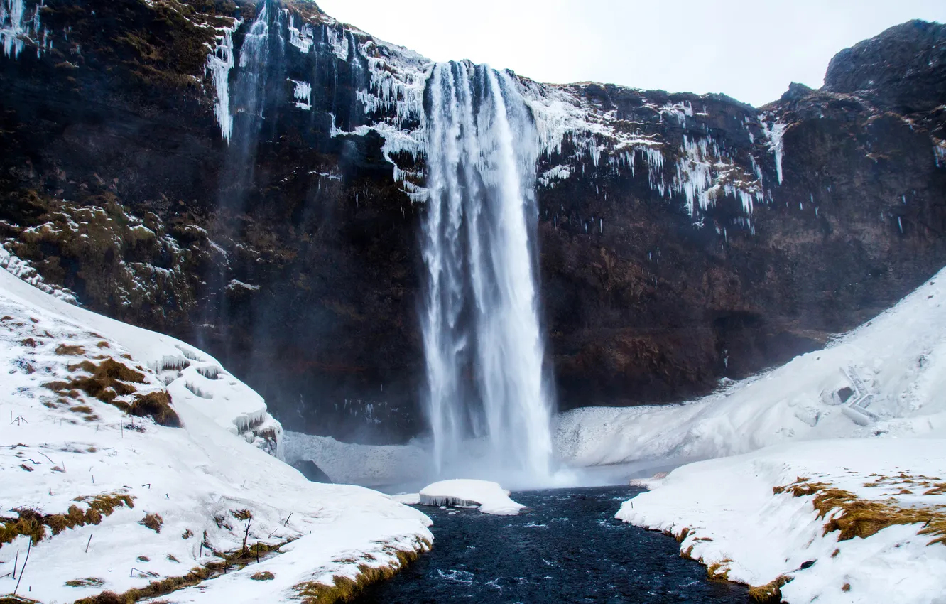 Photo wallpaper ice, winter, the sky, water, snow, landscape, mountains, nature