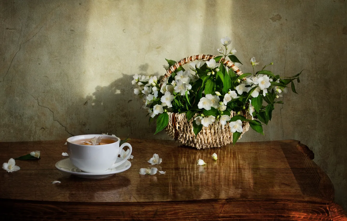 Wallpaper table, tea, basket, Jasmine for mobile and desktop, section