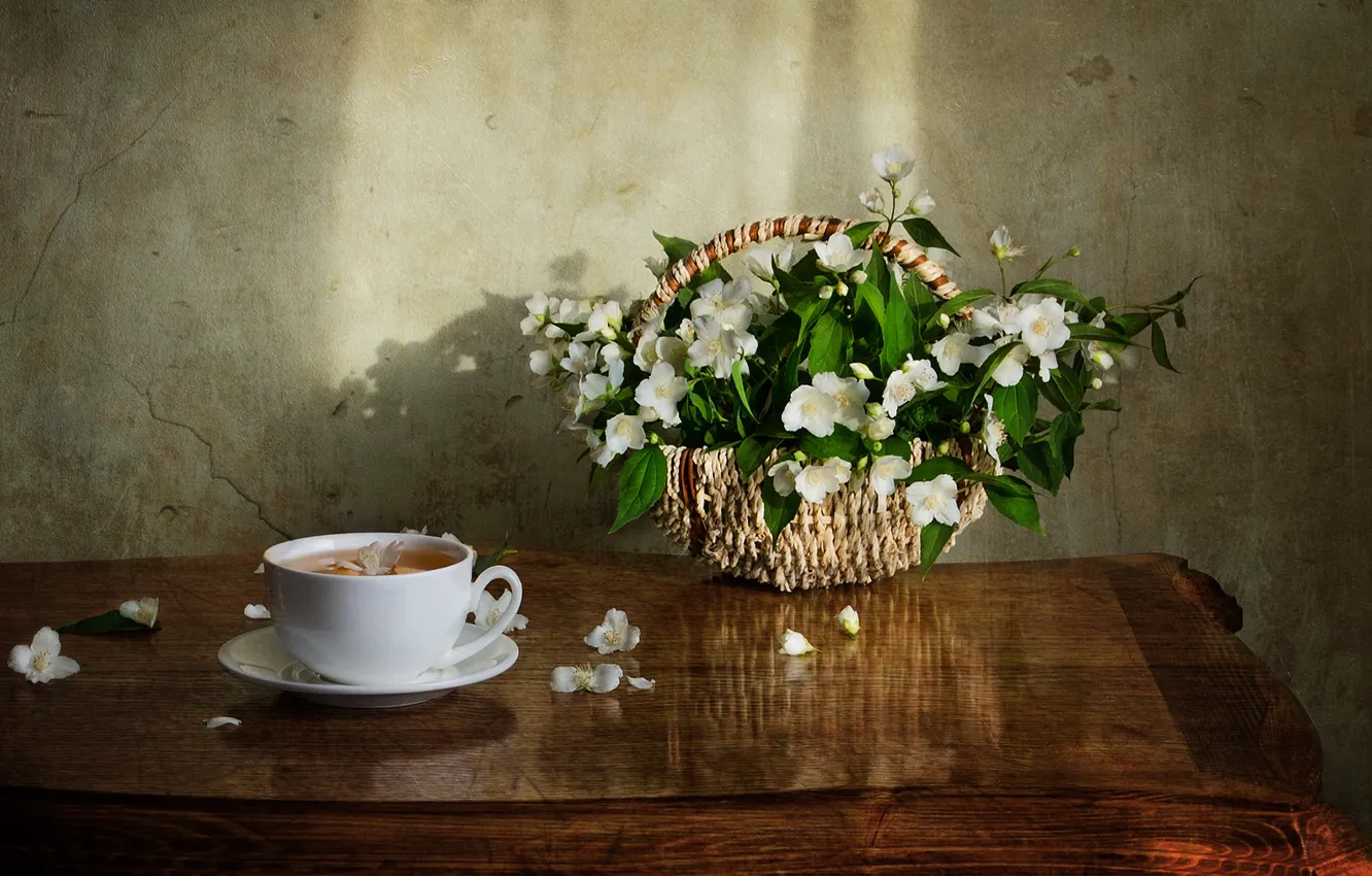 Photo wallpaper table, tea, basket, Jasmine