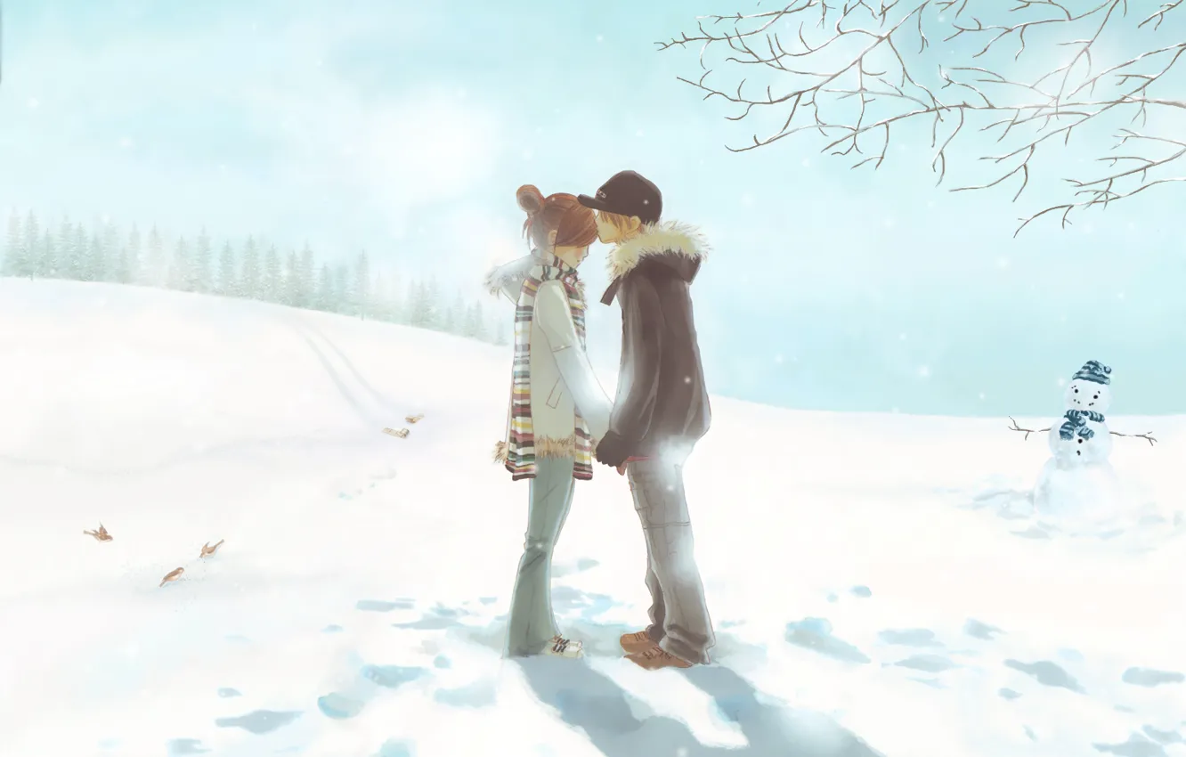 Photo wallpaper winter, tenderness, first kiss, two