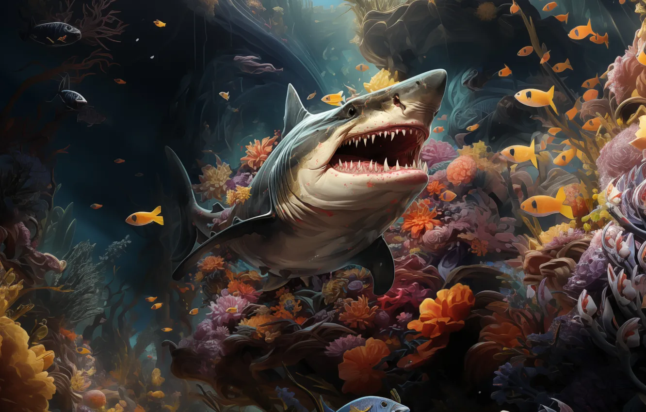 Photo wallpaper fish, predator, shark, teeth, corals, underwater world, digital art, AI art