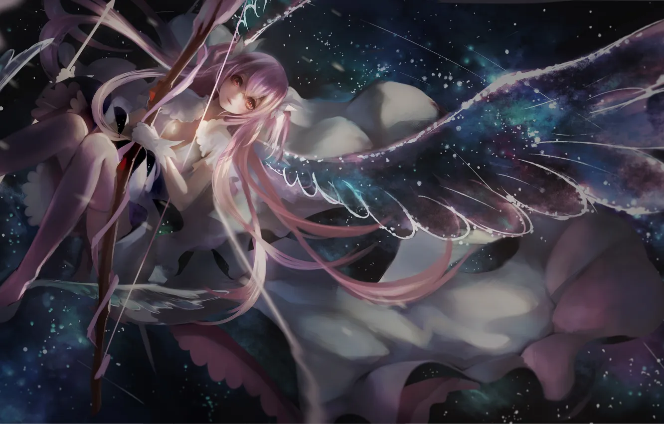 Photo wallpaper the sky, girl, stars, clouds, weapons, wings, anime, bow