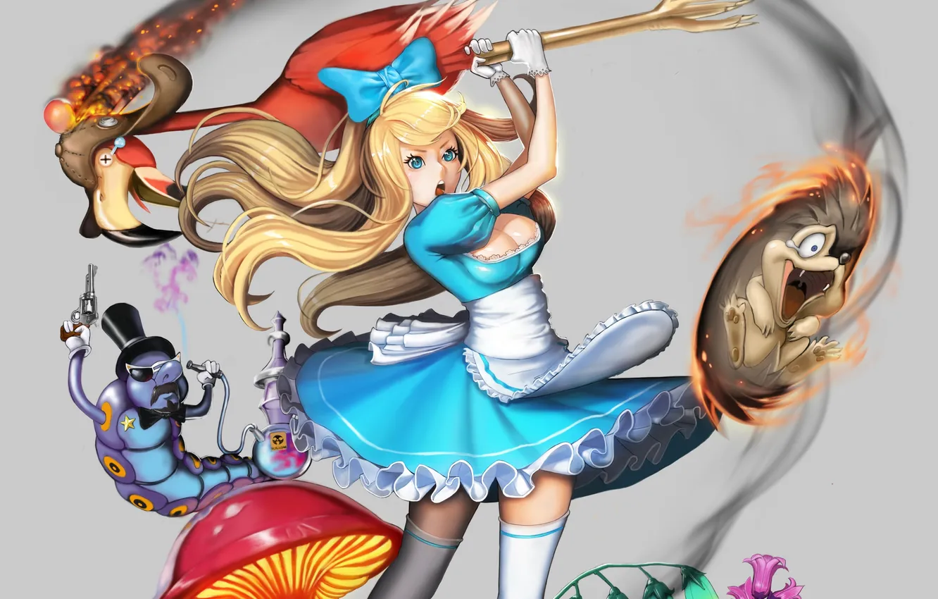 Photo wallpaper girl, caterpillar, gun, weapons, animal, smoke, mushrooms, anime