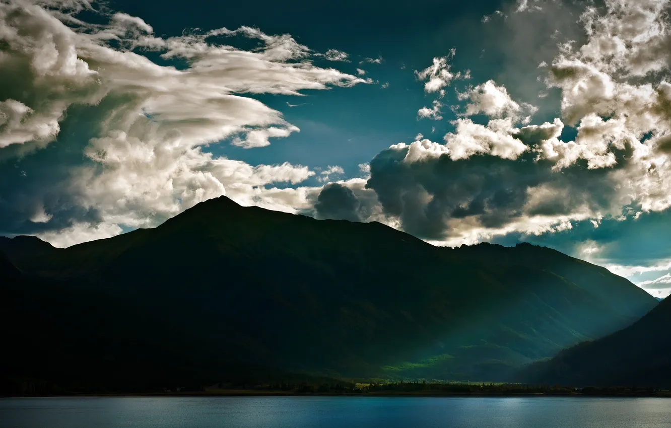 Photo wallpaper sea, water, clouds, rays, light, mountains, lake, photo