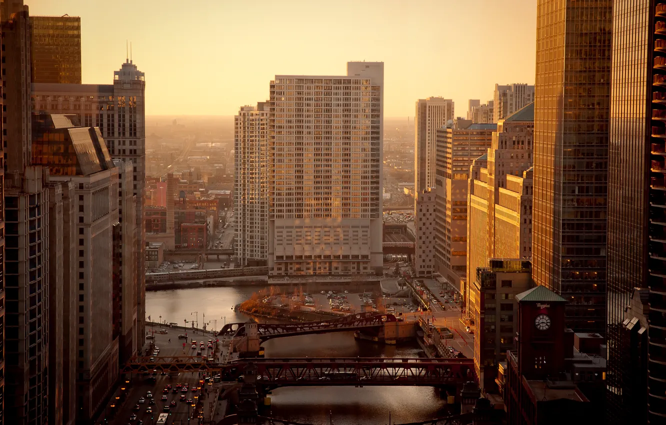 Photo wallpaper bridge, the city, river, home, morning, Chicago, USA, Chicago