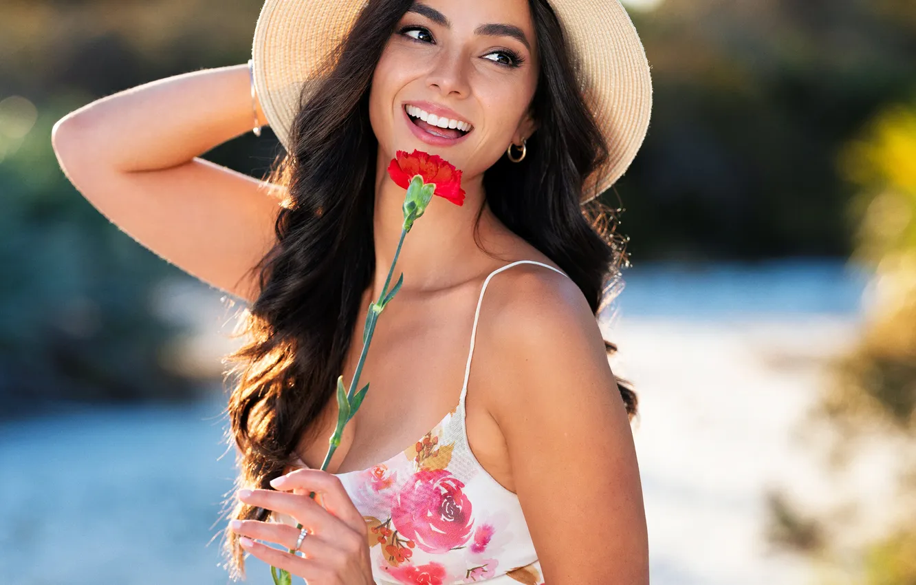 Photo wallpaper girl, flowers, pose, smile, mood, hat, hands, brunette