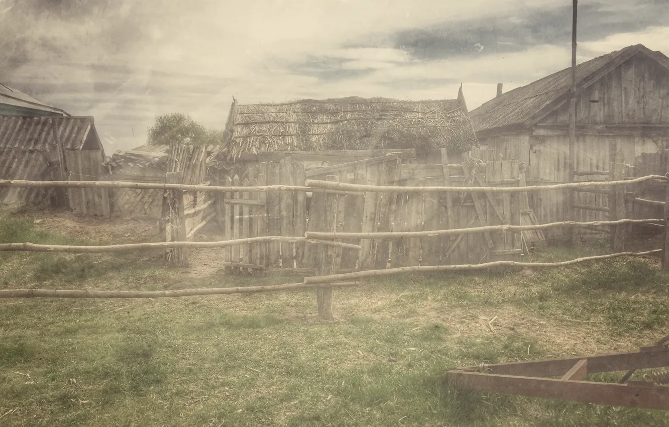 Photo wallpaper slate, the fence, home, roof, Village, old photo, history, hay