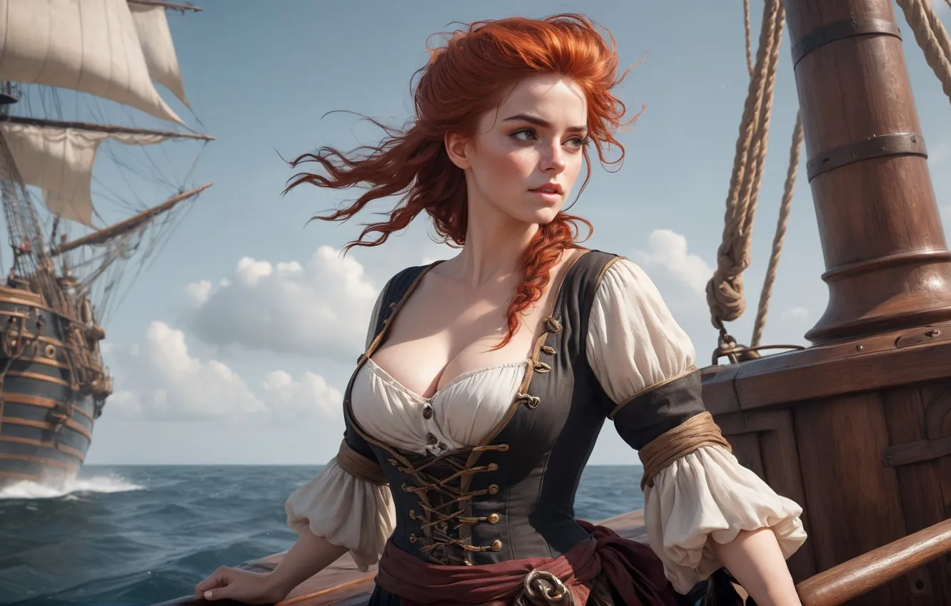 Photo wallpaper girl, ship, fantasy