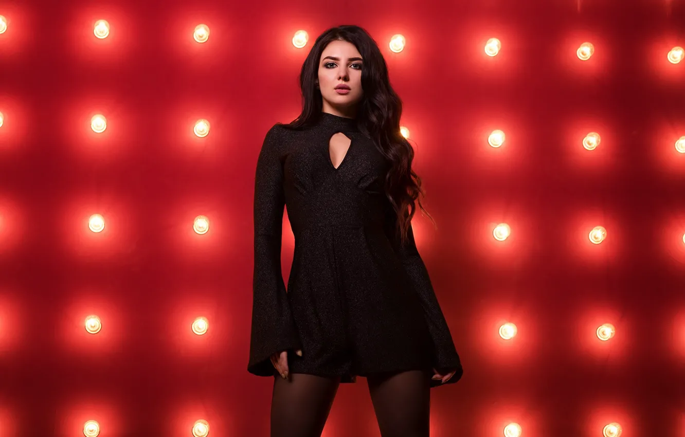 Photo wallpaper look, red, lights, pose, background, wall, model, portrait