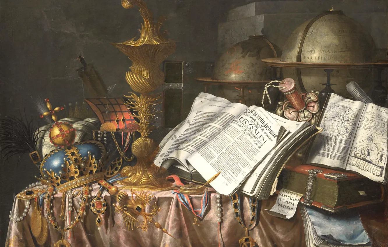 Photo wallpaper picture, crown, book, globe, Still life. Allegory Of Vanity, Edward Collier