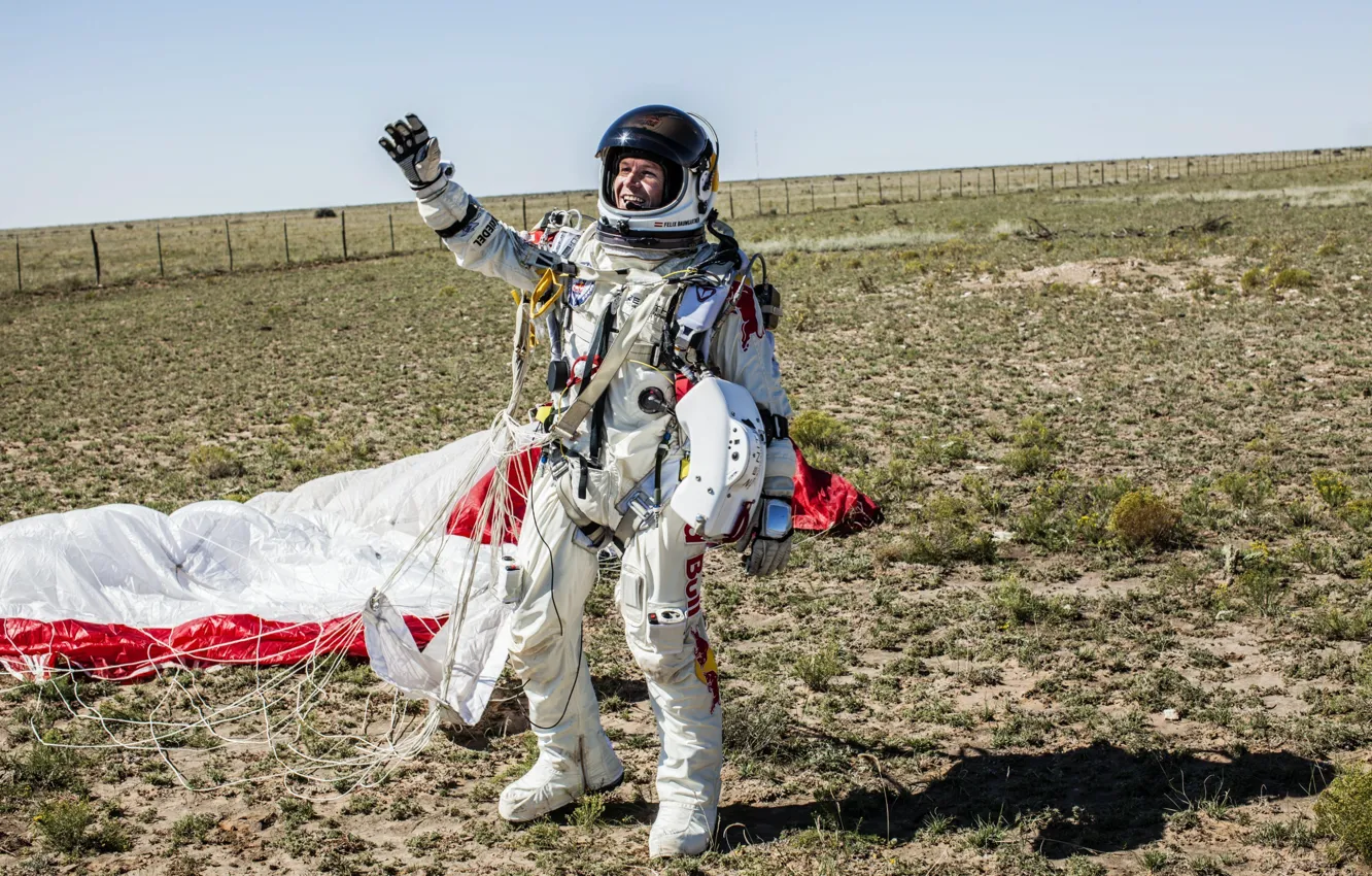 Photo wallpaper space, flight, athlete, Red Bull, landing, Felix Baumgartner, red bull stratos