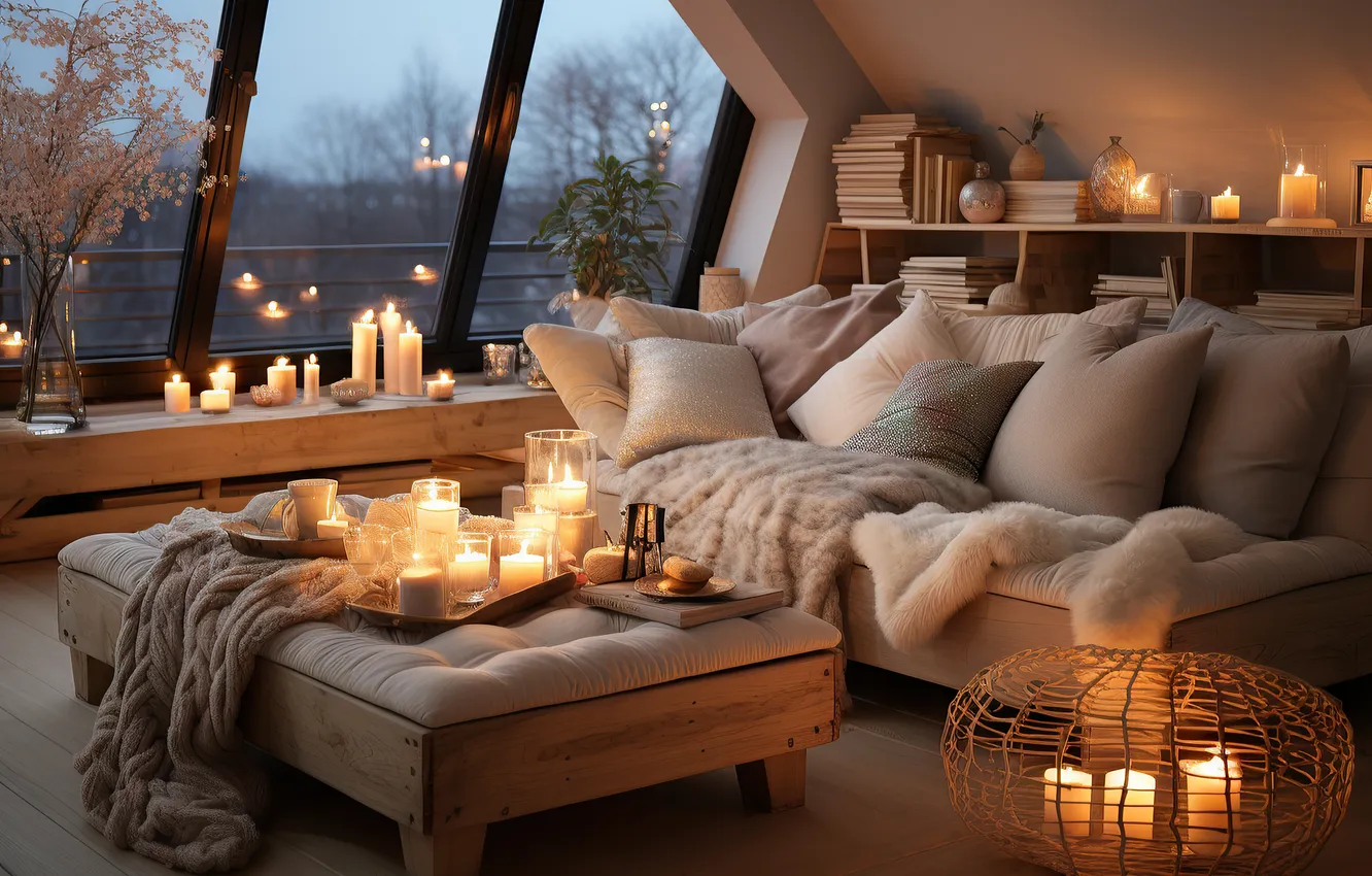 Photo wallpaper glass, comfort, room, sofa, furniture, home, interior, the evening