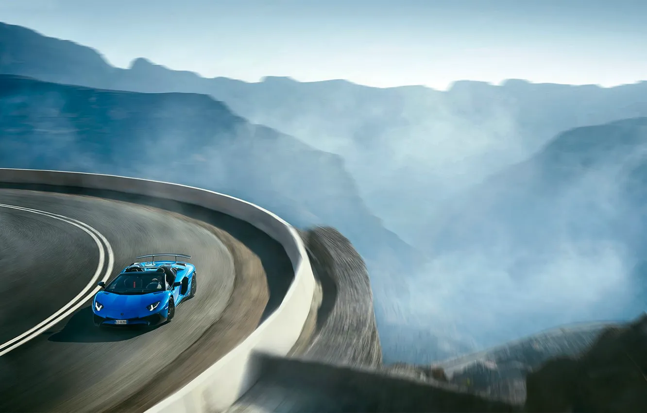 Photo wallpaper Roadster, Lamborghini, Blue, Landscape, Aventador, Supercar, LP 750-4, Superveloce