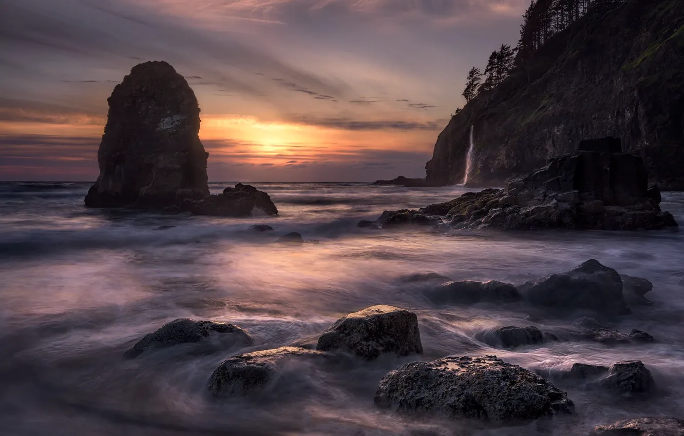 Photo wallpaper sea, wave, the sun, clouds, trees, sunset, rock, stones