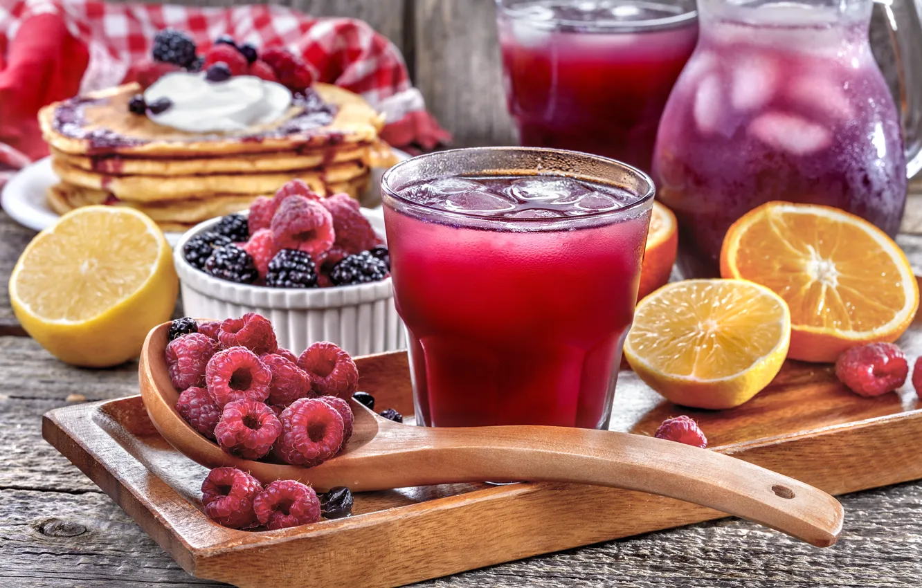 Photo wallpaper raspberry, spoon, glasses, drinks, BlackBerry, citrus
