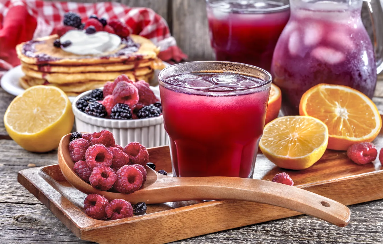 Photo wallpaper glass, raspberry, spoon, drink, BlackBerry, citrus