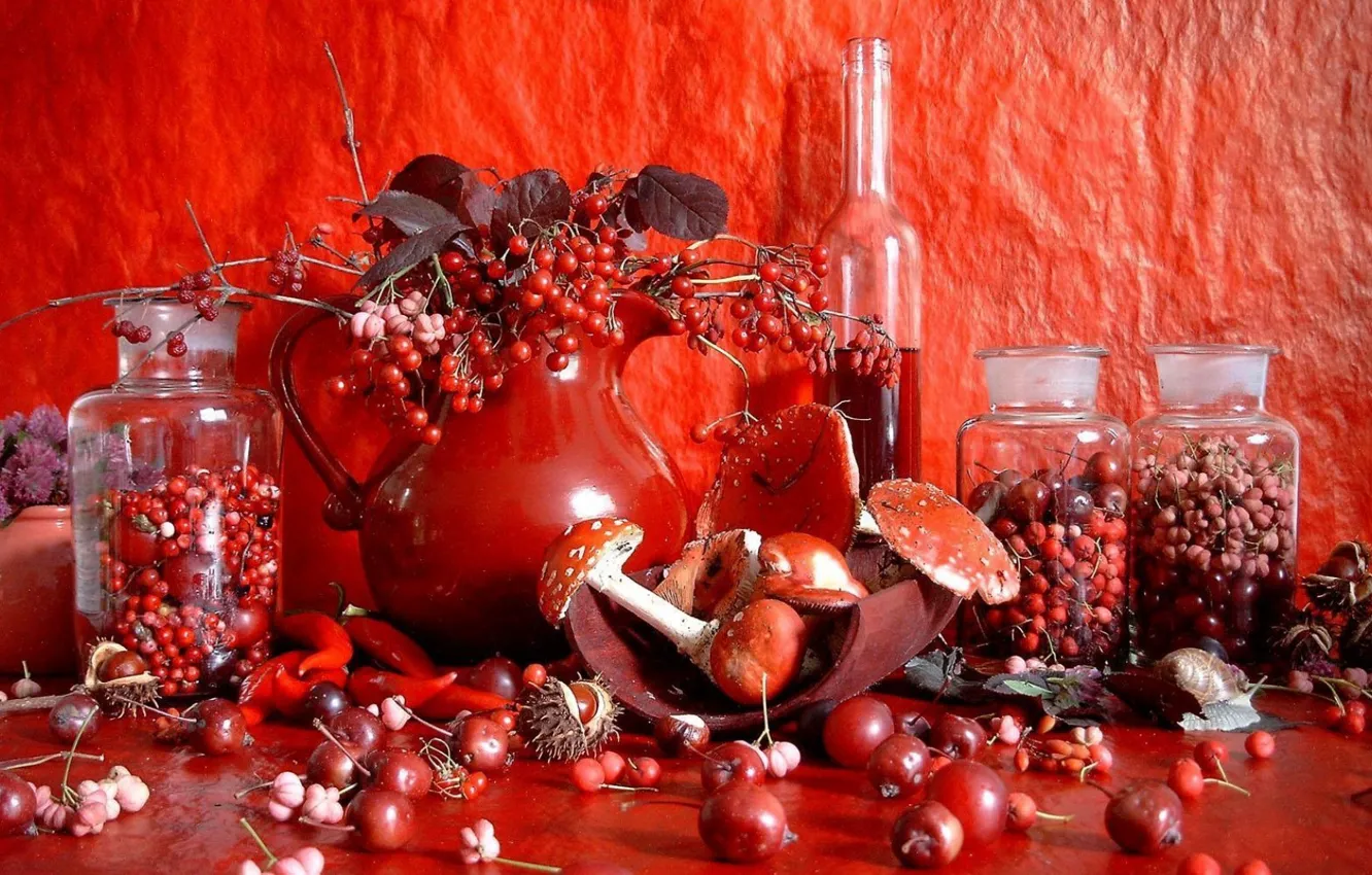 Photo wallpaper red, berries, wine, mushrooms, still life, chestnuts