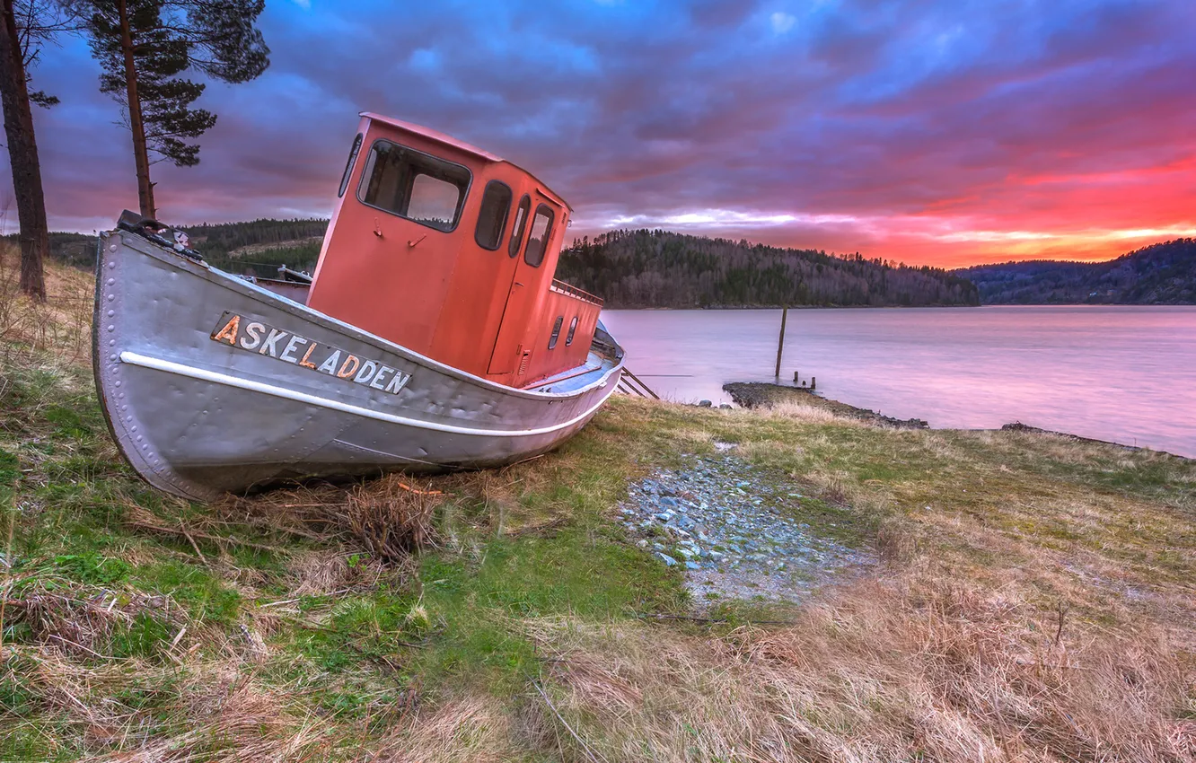 Photo wallpaper sunset, river, Wallpaper, shore, boat, Norway