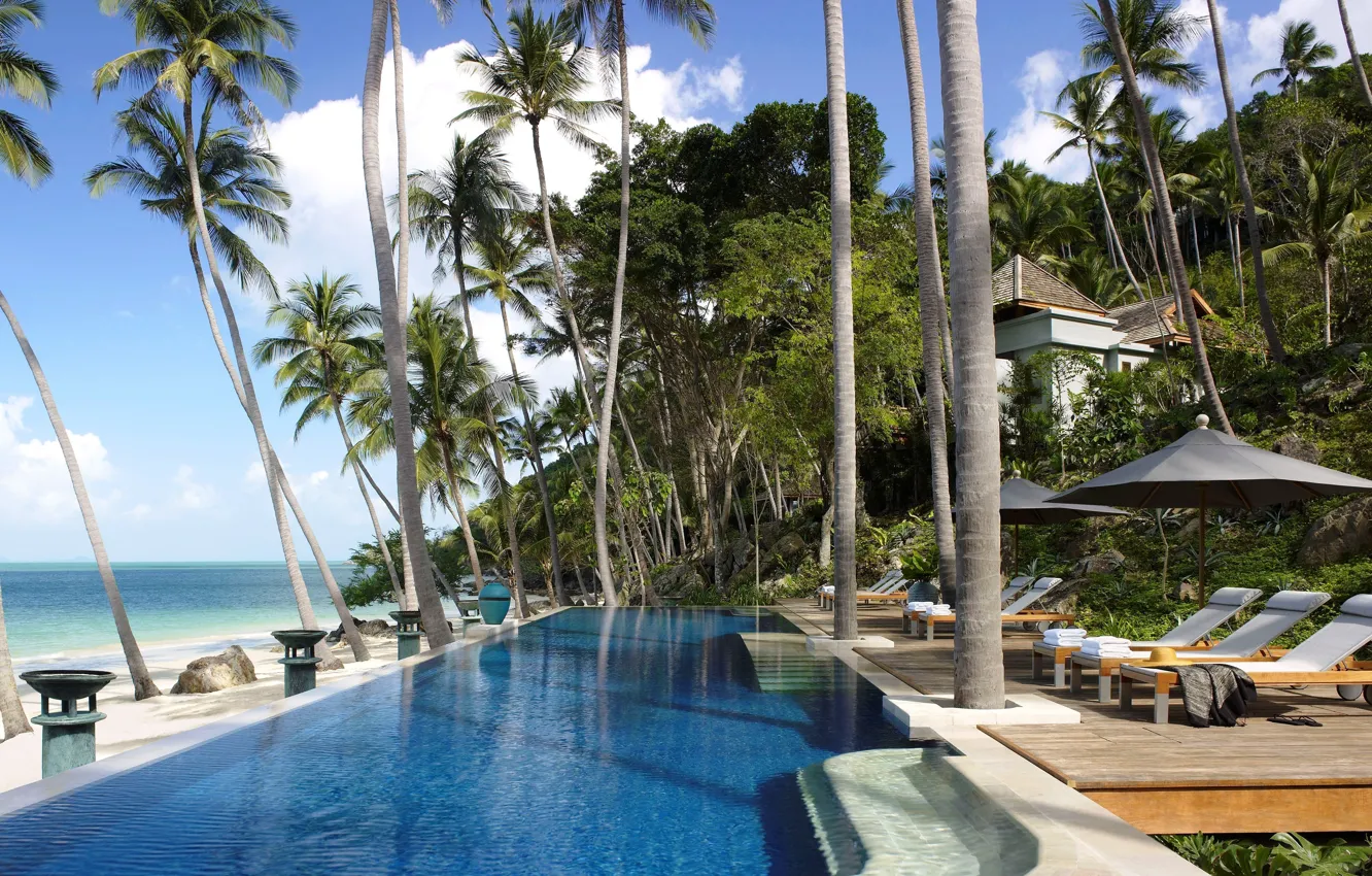 Photo wallpaper tropics, palm trees, the ocean, Villa, pool, resort