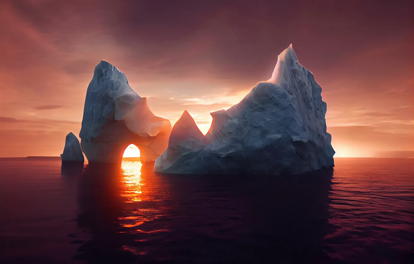 Photo wallpaper ice, sea, the sun, clouds, light, landscape, sunset, nature