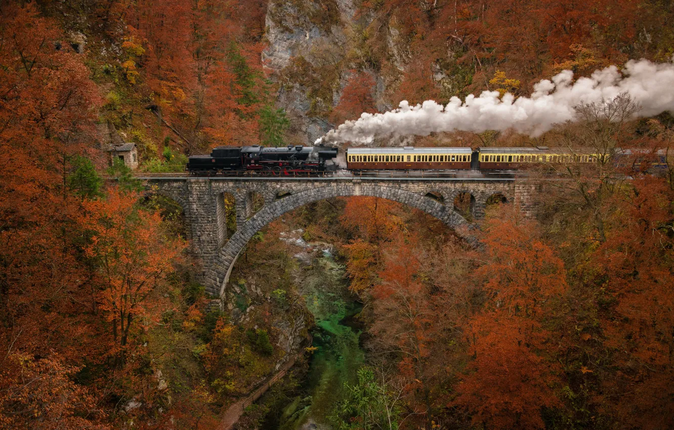 Photo wallpaper autumn, mountains, bridge, smoke, train, the engine, couples, red
