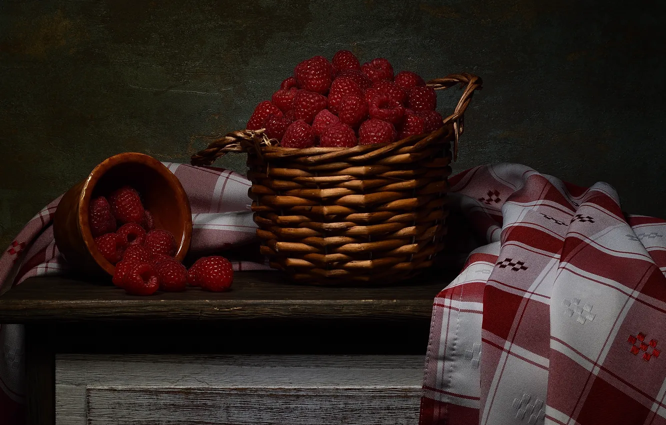 Photo wallpaper berries, raspberry, the dark background, table, still life, basket