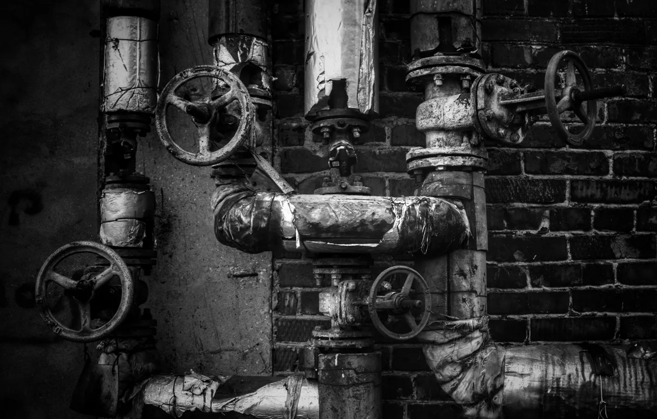 Photo wallpaper pipe, monochrome, communication, valves